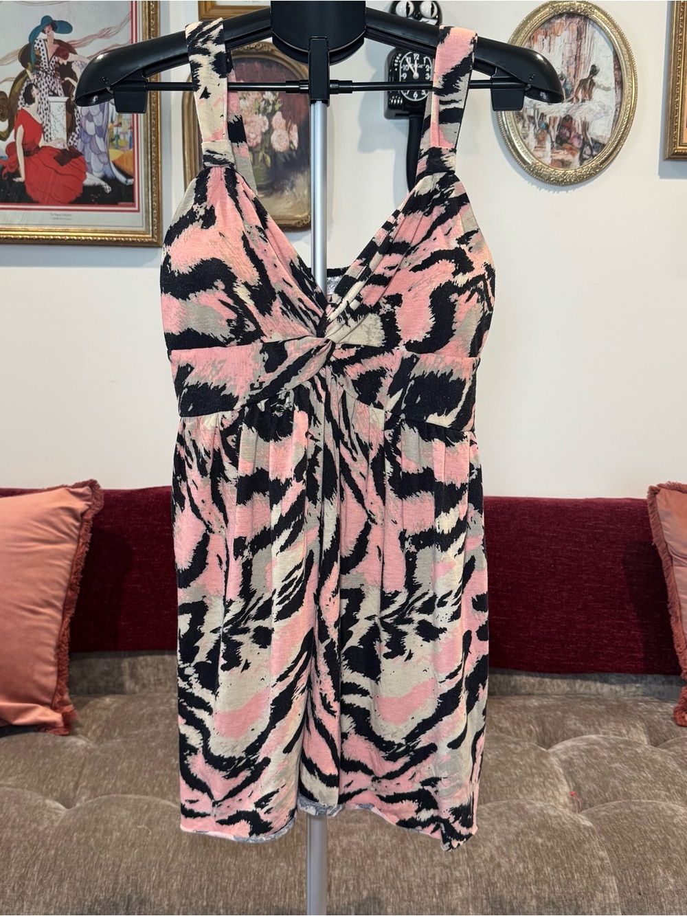 Twist-Front Pink and Black Animal Print Tank Top